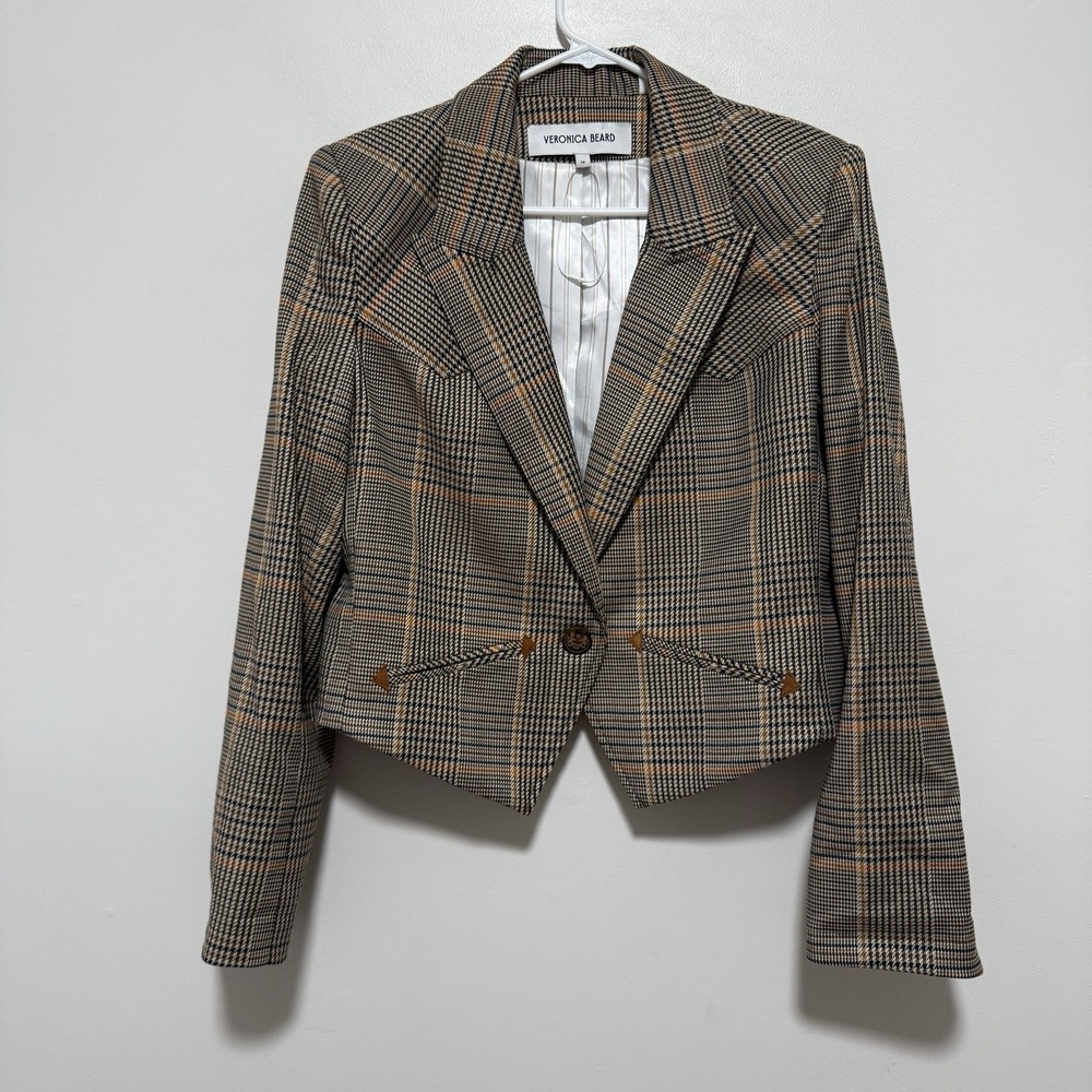 Veronica Beard Donelson Crop Brown Glen Plaid One-Button Blazer Jacket Size 14